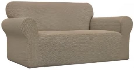 Easy-Going Stretch Loveseat Slipcover 1-Piece Sofa Cover Furniture Protector Couch Soft with Elastic Bottom for Kids Polyester Spandex Jacquard Fabric Small Checks (Loveseat, Natural)