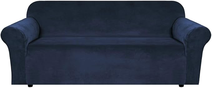 H.VERSAILTEX Stretch Velvet Sofa Covers for 3 Cushion Couch Covers Furniture Protector Soft with Non Slip Elastic Bottom, Crafted from Thick Comfy Rich Velour (Large Sofa 90"-97", Navy)