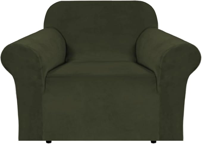 H.VERSAILTEX Stretch Velvet Armchair Cover Couch Covers 1 Cushion Chair Slipcover for Living Room Furniture Cover Crafted from Thick Comfy Rich Velour (Chair 31"-49", Olive)
