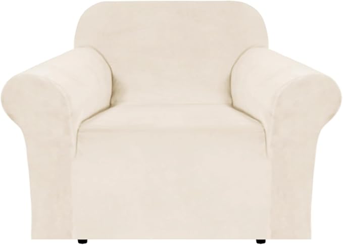 H.VERSAILTEX Stretch Velvet Armchair Cover Couch Covers 1 Cushion Chair Slipcover for Living Room Furniture Cover Crafted from Thick Comfy Rich Velour (Chair 31"-49", Cream)