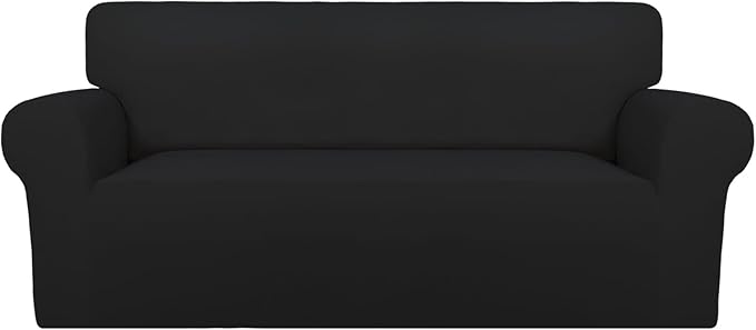 PureFit Super Stretch Sofa Slipcover – Spandex Non Slip Soft Couch Sofa Cover, Washable Furniture Protector with Non Skid Foam and Elastic Bottom for Kids, Pets (Oversized Loveseat, Black)