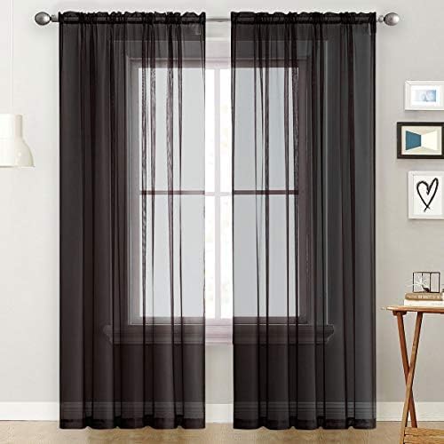 SpaceDresser Basic Rod Pocket Sheer Voile Window Curtain Panels White 1 Pair 2 Panels 60 Width 108 Inch Long for Kitchen Bedroom Children Living Room Yard(Black,60 W x 108 L)