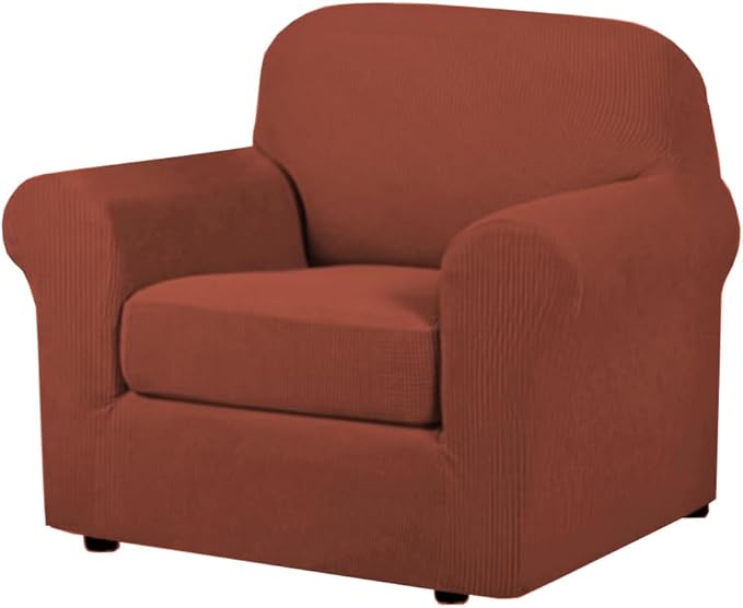 H.VERSAILTEX 2 Piece Couch Cover Stretch Stylish Chair Cover Furniture Cover/Protector Featuring Jacquard Textured Twill Fabric, High Spandex Slipcover Machine Washable(Chair, Rust)