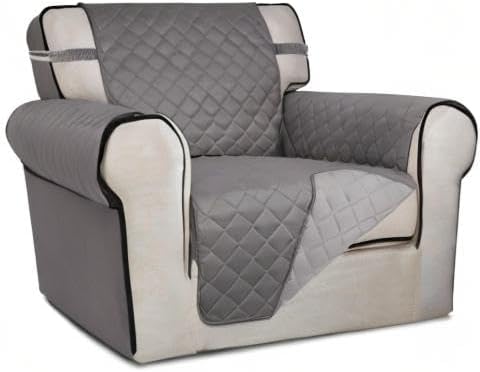 PureFit Reversible Quilted Sofa Cover, Water Resistant Slipcover Furniture Protector, Washable Couch Cover with Non Slip Foam and Elastic Straps for Kids, Dogs, Pets (Chair, Gray/Light Gray) Small