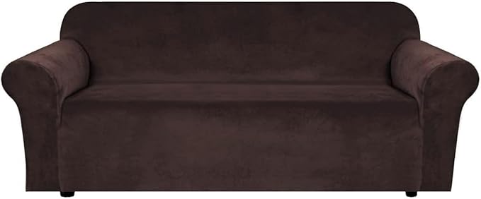 H.VERSAILTEX Stretch Velvet Sofa Covers for 3 Cushion Couch Covers Furniture Protector Soft with Non Slip Elastic Bottom, Crafted from Thick Comfy Rich Velour (Large Sofa 90"-97", Chocolate)