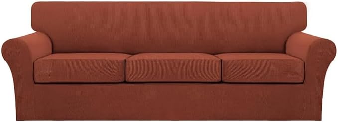 Turquoize 4 Piece Sofa Covers for 3 Cushion Couch Sofa Slipcover Soft Couch Cover for Dogs Washable Furniture Cover with 3 Individual Large Cushion Covers Feature Fabric (Large Sofa, Rust)
