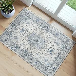 RELEANY Area Rugs 4ft Washable Non-Slip, Floral Vintage Distress Print Pattern Medallion Carpet for Living Room Bedroom Dining Room, Light Blue Navy Beige Gray White