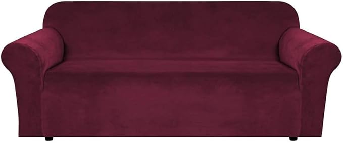 H.VERSAILTEX Stretch Velvet Sofa Covers for 3 Cushion Couch Covers Furniture Protector Soft with Non Slip Elastic Bottom, Crafted from Thick Comfy Rich Velour (Large Sofa 90"-97", Burgundy)