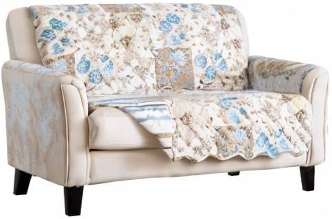 Great Bay Home Reversible Floral Patchwork Loveseat Furniture Protector - Machine Washable, Scalloped Edge, Stain Resistant, Printed Furniture Cover for Dogs, Kids, and Pets (Taupe/Blue)