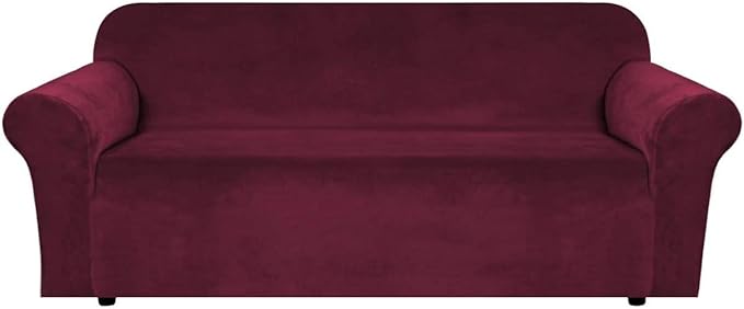 H.VERSAILTEX Stretch Velvet Sofa Covers for 3 Cushion Couch Covers Sofa Slipcovers Furniture Protector Soft with Non Slip Elastic Bottom, Crafted from Thick Comfy Rich Velour (Sofa 72"-90", Burgundy)