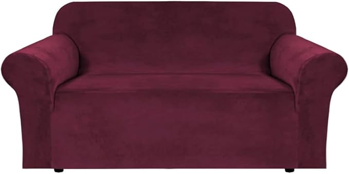 H.VERSAILTEX Stretch Velvet Loveseat Covers for 2 Cushion Couch Covers for Living Room Sofa Covers Slipcovers with Non Slip Straps Bottom, Ultra Thick Comfy Velour (Width 58"-72", Burgundy)