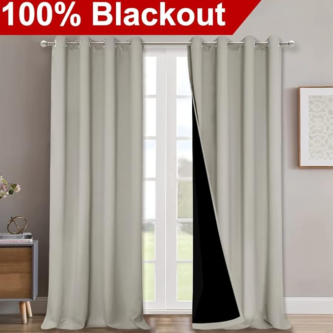 NICETOWN 100% Blackout Blinds, Set of 2, 46" x 96", Natural, Laundry Room Decor Window Treatment Curtains for Large Patio Sliding Door, Thermal Insulated Curtains for Bedroom