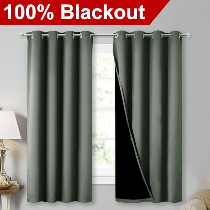 NICETOWN Extra Long Truly Blackout Drapes for Hall and Villa, 46-inch Width Each Panel, 45-inch Length, Dark Mallard, 2 Pieces, 100% Blackout Window Curtains with Black Lined for Night Shift Worker