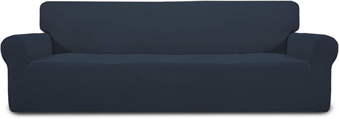 Easy-Going Stretch 4 Seater Sofa Slipcover 1-Piece Sofa Cover Furniture Protector Couch Soft with Elastic Bottom for Kids, Polyester Spandex Jacquard Fabric Small Checks Dark Blue