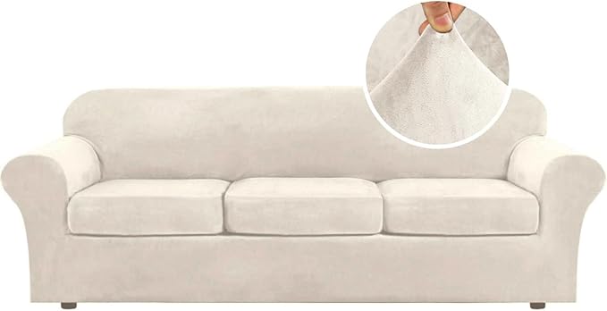 H.VERSAILTEX High Stretch Sofa Slipcover 4 Piece Cover Velvet Furniture Protector Form Fit Thick Velvet Extra Large Sofa Cover for 3 Cushion Couch Width Up to 97 Inch (Large Sofa, Ivory)