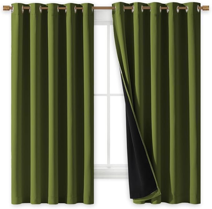 NICETOWN 100% Blackout Lined Curtains, Olive Green, 1 Pair, 70" Width x 63" Length Each Panel, 2 Thick Layers Completely Blackout Window Treatment Thermal Insulated Drapes for Kitchen/Bedroom