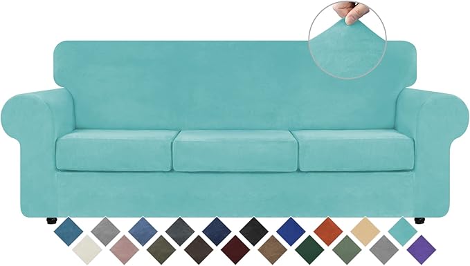 WEERRW 4 Pieces Velvet High Stretch Couch Covers for 3 Cushion Couch Sofa Slipcovers, Washable Furniture Protector with Non Slip Elastic Bottom, Feature Soft and Thick Plush Fabric, Aqua, Large
