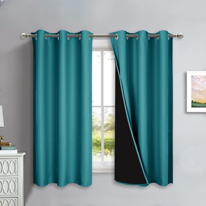 NICETOWN 100% Blackout Short Curtains with Black Liners, 2 Panels, 37" W by 50" L, Peacock Teal, Solid Thermal Insulated Full Blackout 2-Layer Lined Drapes, Energy Efficiency Window Drapes for Bedroom