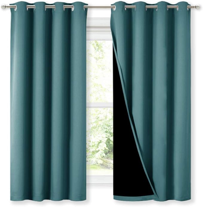 NICETOWN 100% Blackout Curtain Panels, Thermal Insulated Black Liner Curtains for Nursery Room, Noise Reducing and Cold Blocking Drapes for Windows (Set of 2, Sea Teal, 52-inch Wide by 63-inch Long)