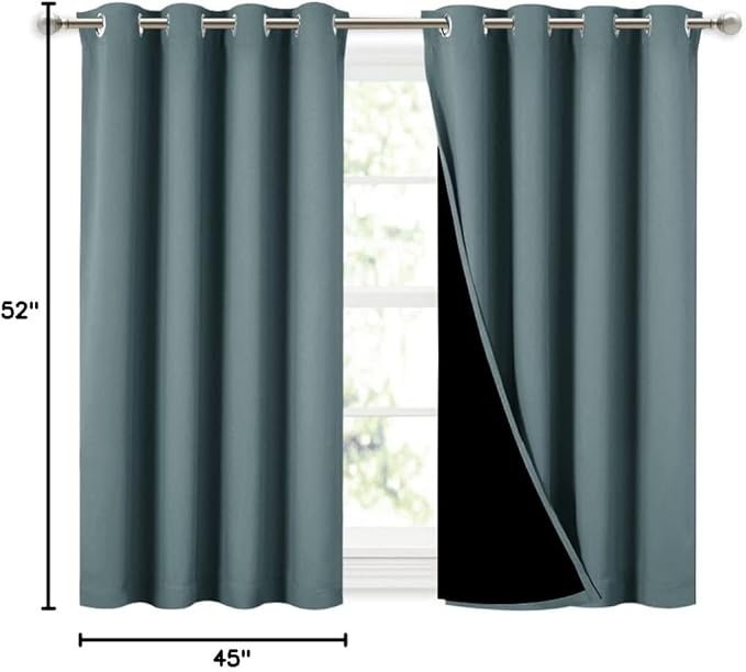 NICETOWN Aqua 100% Blackout Curtains 45 inches Long, 2 Thick Layers Completely Blackout Window Treatment Thermal Insulated Lined Drapes for Small Window (1 Pair, 52 inches Width Each Panel)