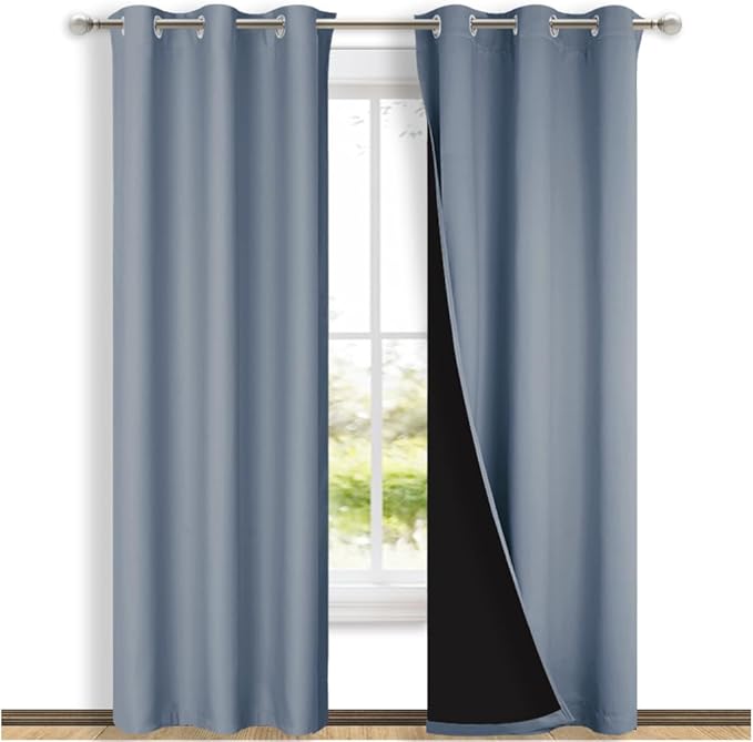 NICETOWN Blackout Curtains 84 inches Long, 2 Pieces, 42" Wide Each Panel, Vintage Blue, Full Light Blocking Drapes with Black Liner for Nursery, Thermal Insulated Draperies for Hall, Villa