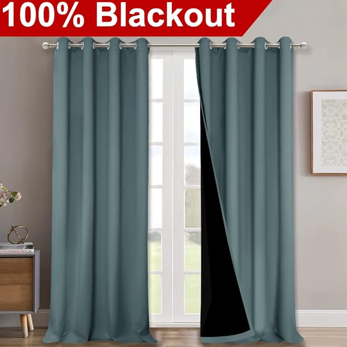 NICETOWN 100% Blackout Curtains for Windows, Pack of 2, Greyish Blue, 52" W x 102" L, Super Heavy-Duty Black Lined Total Darkness Drapes for Bedroom, Privacy Assured Window Treatment for Patio