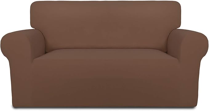 PureFit Super Stretch Sofa Slipcover – Spandex Non Slip Soft Couch Sofa Cover, Washable Furniture Protector with Non Skid Foam and Elastic Bottom for Kids, Pets （Loveseat, Brown）