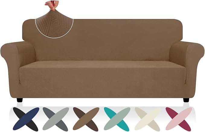 ZNSAYOTX Super Stretch Sofa Cover (72"-92"), New Striped Sofa Covers Fitted Slipcovers with Elastic Bottom, Dog Cat Pets Proof Spandex Washable Fabric Comfortable & Durable (Light Coffee, Sofa)