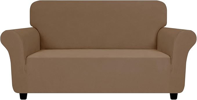 ZNSAYOTX Super Stretch Loveseat Covers (57"-70"), New Striped Love Seat Slipcover, Dogs Pet Friendly Anti-Slip Couch Protector Spandex Durable 2 Seater Fabric Sofa Cover (Light Coffee, Loveseat)