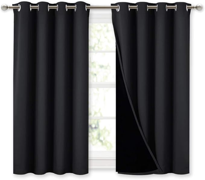 NICETOWN 100% Blackout Curtains 45 inches Length, 2 Thick Layers Completely Blackout Window Treatment Thermal Insulated Lined Drapes for Basement Window (Black, 1 Pair, 52 inches Width Each Panel)