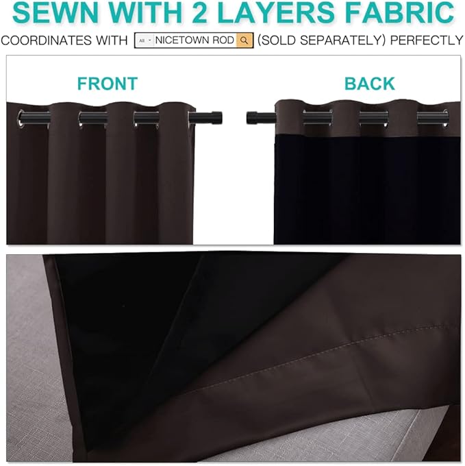 NICETOWN 100% Blackout Window Curtain Panels, Full Light Blocking Drapes with Black Liner for Nursery, 72 inches Drop Thermal Bedroom Drapes and Curtains (Brown, 2 Pieces, 52 inches Wide Per Panel)