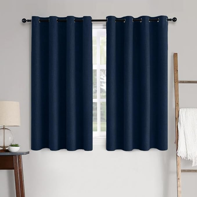 MIULEE Linen Textured Curtains for Bedroom Solid 100% Blackout Thermal Insulated Midnight Blue Grommet Room Darkening Curtains & Drapes Luxury Decor for Living Room Nursery 52 x 63 Inch (2 Panels)