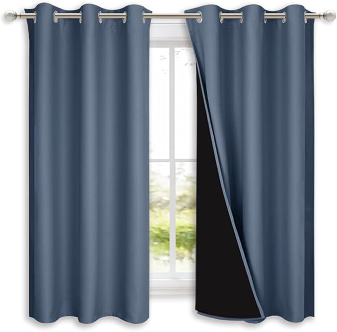NICETOWN 100% Blackout Curtains Thermal, Stone Blue, 1 Pair, W37 x L60, Noise Reduction and Privacy Curtains for Patio Door, Black Lined Blackout Drapes with Grommet Top