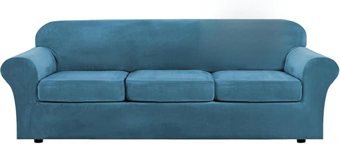 H.VERSAILTEX High Stretch Sofa Slipcover 4 Piece Cover Velvet Furniture Protector Form Fit Thick Velvet Extra Large Sofa Cover for 3 Cushion Couch Width Up to 97 Inch (Large Sofa, Peacock Blue)