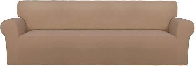 PureFit Super Stretch 4 Seater Sofa Slipcover – Spandex Non Slip Soft Couch Sofa Cover, Washable Furniture Protector with Non Skid Foam and Elastic Bottom for Kids, Pets （XX Large, Camel）