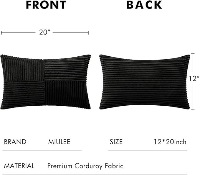 MIULEE Black Decorative Lumbar Throw Pillow Covers 12x20 Inch for Couch Bed Sofa Pack of 2 Boho Farmhouse Throw Pillows Soft Cross Corduroy Patchwork Textured Cushion Cases