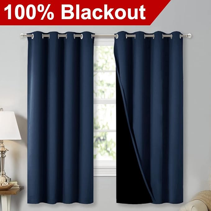 NICETOWN Extra Long Truly Blackout Drapes for Hall and Villa, 46-inch Width Each Panel, 45-inch Length, Navy, 2 Pieces, 100% Blackout Window Curtain Panels with Black Lined for Night Shift Worker