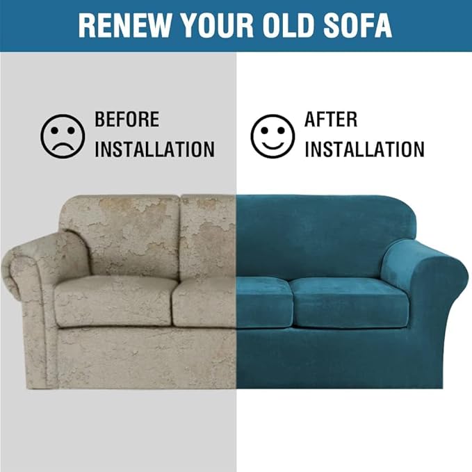 H.VERSAILTEX High Stretch Sofa Slipcover 4 Piece Cover Velvet Furniture Protector Form Fit Thick Velvet Extra Large Sofa Cover for 3 Cushion Couch Width Up to 97 Inch (Large Sofa, Peacock Blue)