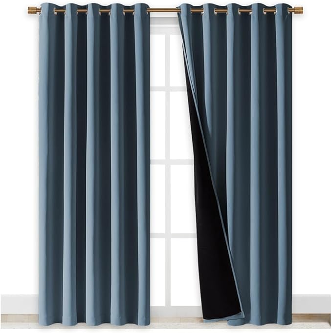 NICETOWN 100% Blackout Window Curtain Panels, Smoky Blue, 2 PCs, 62" Wide Each Panel, Cold and Full Light Blocking Drapes with Black Liner for Nursery, 84" Drop Thermal Insulated Draperies