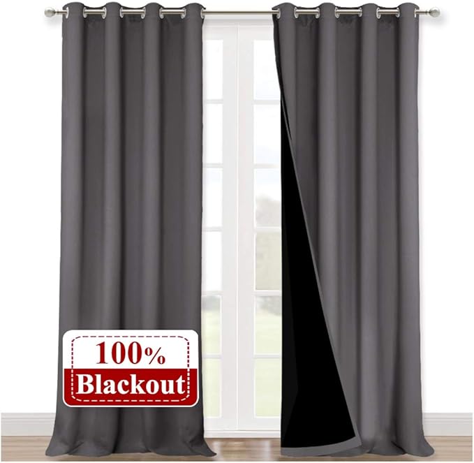 NICETOWN 100% Blackout Blinds, Set of 2, 52 inches x 120 inches, Laundry Room Decor Window Treatment Curtains for Large Patio Sliding Door, Thermal Insulated Grey Curtains for Bedroom