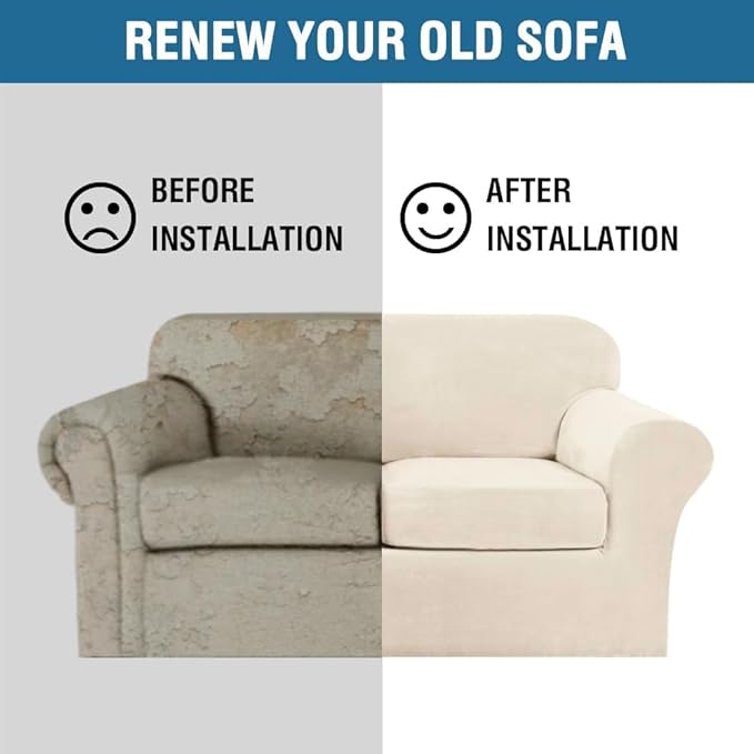 H.VERSAILTEX 3 Piece Stretch Sofa Covers Couch Covers for 2 Cushion Couch Loveseat Covers Width Up to 72 Inch Feature Thick Soft Stay in Place (Medium Sofa, Cream)