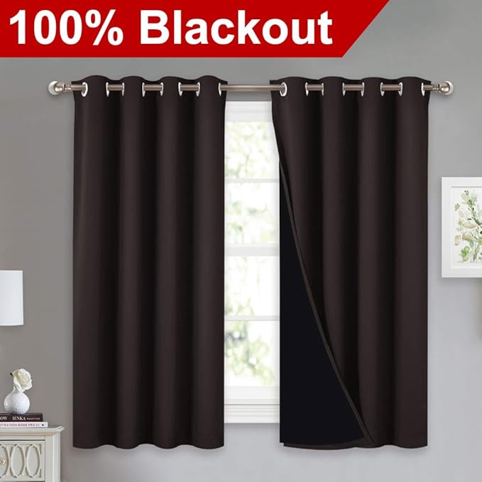 NICETOWN Truly Blackout Curtains 54 inches Length, 2 Thick Layers Completely Blackout Window Treatment Thermal Insulated Lined Drapes for Basement Window (Brown, 1 Pair, 52 inches Width Each Panel)