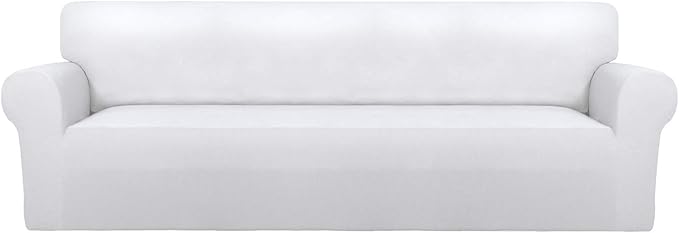 PureFit Super Stretch 4 Seater Sofa Slipcover – Spandex Non Slip Soft Couch Sofa Cover, Washable Furniture Protector with Non Skid Foam and Elastic Bottom for Kids, Pets （XX Large, White）