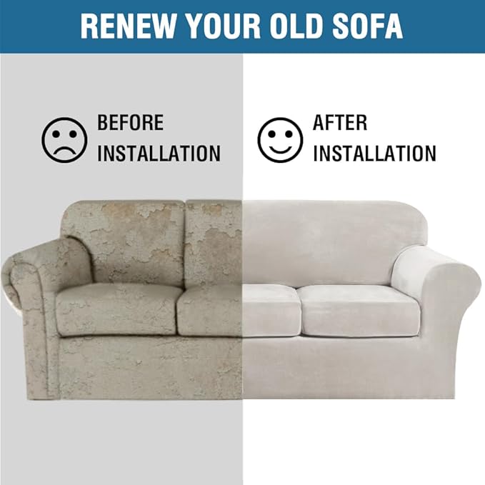 H.VERSAILTEX Velvet 4 Piece High Stretch Sofa Slipcover Cover Furniture Protector Form Fit Luxury Thick Velvet Extra Large Sofa Cover for 3 Cushion Couch Width Up to 105 Inch (XL Sofa, Oatmeal)