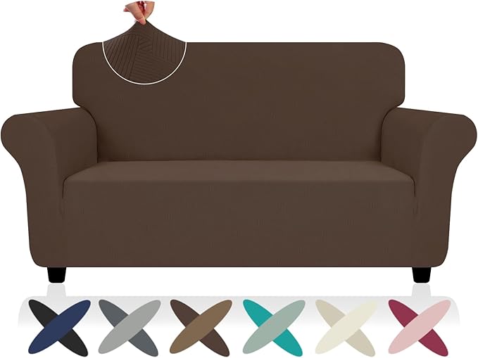 ZNSAYOTX Super Stretch Loveseat Covers (57"-70"), New Striped Love Seat Slipcover, Dogs Pet Friendly Anti-Slip Couch Protector Spandex Durable 2 Seater Fabric Sofa Cover (Coffee, Loveseat)
