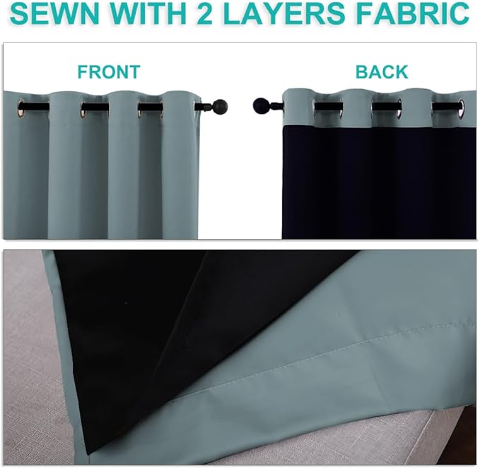 NICETOWN 100% Blackout Short Curtains with Black Liners, 2 Panels, 37" W by 50" L, Greyish Blue, Solid Thermal Insulated Full Blackout 2-Layer Lined Drapes, Energy Efficiency Window Drapes for Bedroom
