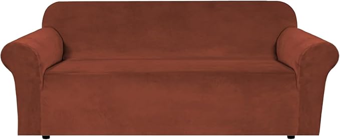 H.VERSAILTEX Stretch Velvet Sofa Covers for 3 Cushion Couch Covers Furniture Protector Soft with Non Slip Elastic Bottom, Crafted from Thick Comfy Rich Velour (Large Sofa 90"-97", Rust)