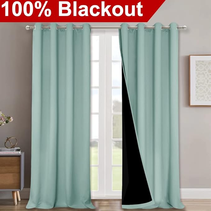 NICETOWN Aqua Blue 100% Blackout Curtain Set, Thermal Insulated & Energy Efficiency Window Draperies for Guest Room, Full Shading Panels for Shift Worker and Light Sleepers, 52W x 102L, 2 PCs