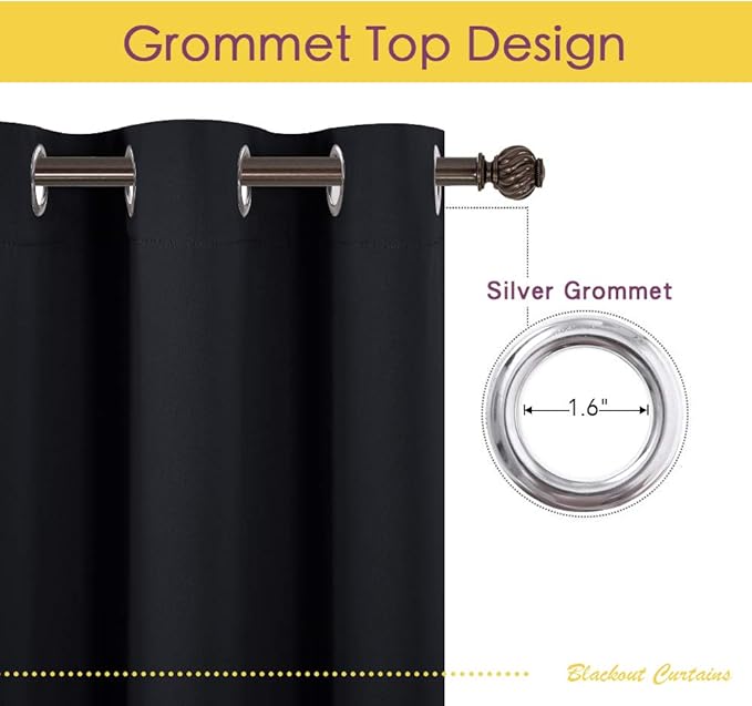 NICETOWN Blackout Draperies Window Curtain Panels, Autumn/Winter Thermal Insulated Solid Grommet Blackout Curtains/Drapes for Cafe (Set of 2, 70 inches by 108 inches, Black)