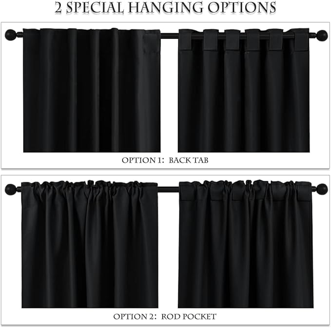 PONY DANCE Blackout Curtains for Kitchen - Light Blocking Thermal Insulated Back Tab Draperies Energy Saving/Short Window Treatments, 52 Wide by 63 inch Drop, Black, Double Panels
